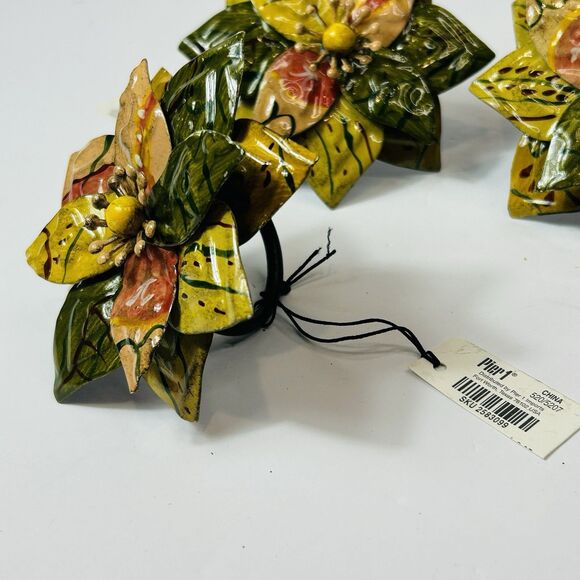 Pier 1 Flower Napkin Rings Lot of 4 Enamel Metal Sage Green Red Yellow NEW 3.75" - Picture 3 of 6